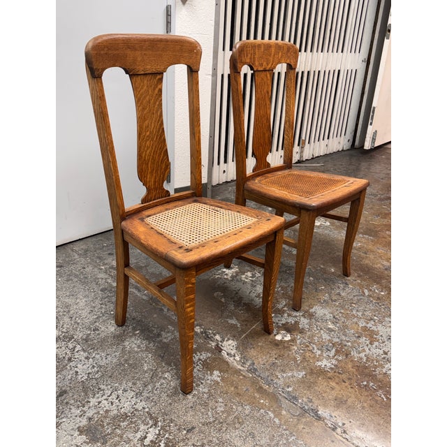 Victorian Limbert Style Oak Cane Side Chairs, Vintage Pair For Sale - Image 3 of 12
