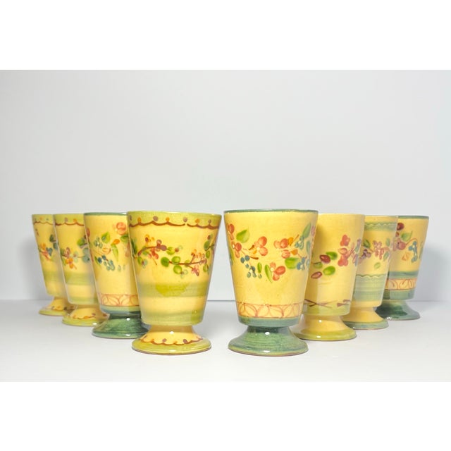Terre e Provence 8 Yellow & Green Ceramic Footed Tumbler Drinking Glasses 5” 9oz Excellent condition. No chips, cracks, or...