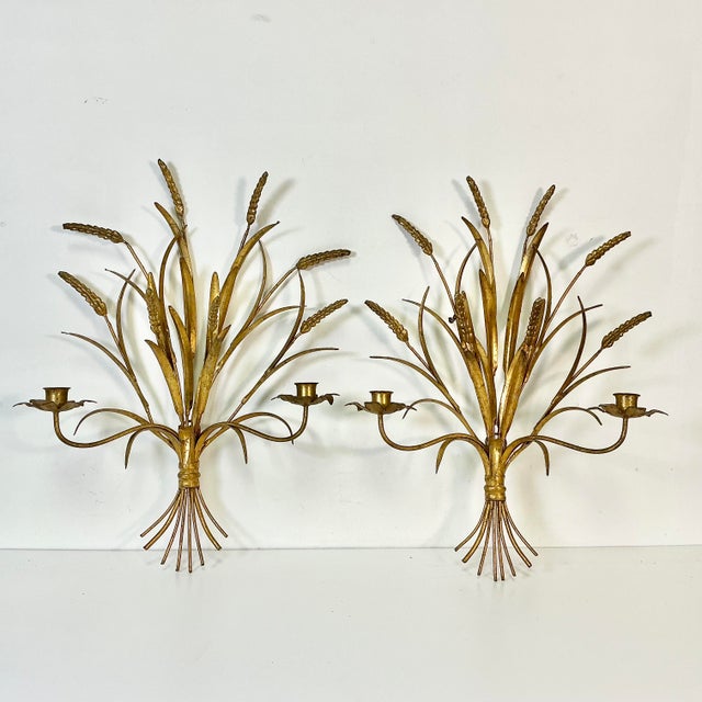 1950s Vintage Italian Hollywood Regency Wheat Sheaf Candle Holder Sconces - A Pair, 2 Arm For Sale - Image 4 of 17