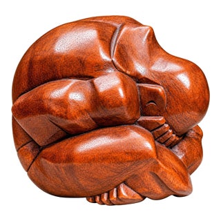 Neat Vintage Hand Carved Wood Sculpture Embrace of Solitude Modern Minimalist Home Decor Abstract Human Figure Art For Sale