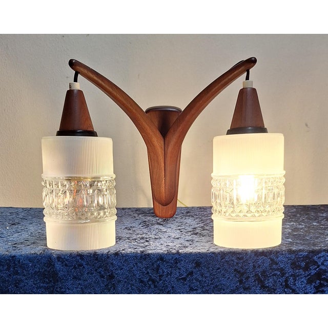 Vintage Danish Wall Lamp with Teak Frame and Two White-Clear Patterned Glass Shades, 1970s For Sale - Image 3 of 9