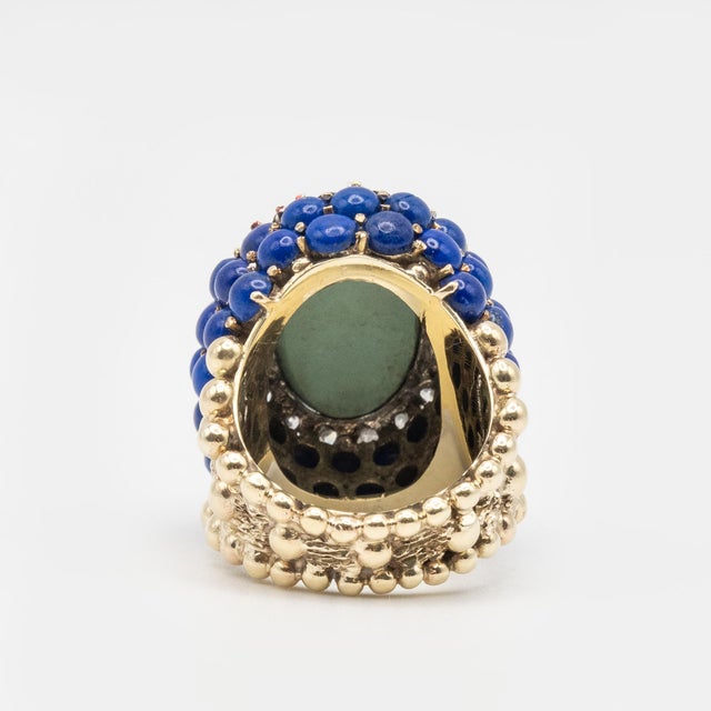 Vintage 14k Yellow Gold Diamond Turquoise Lapis Cocktail Ring C. 1960s, Size 7.5 For Sale - Image 9 of 9