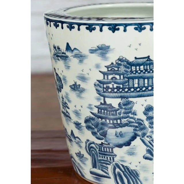 White Vintage Porcelain Cache-Pot Planter with Blue & White Mountainous Landscape For Sale - Image 8 of 13