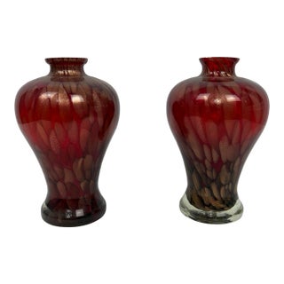 1970s Red Goldstone Murano Glass Vases - A Pair For Sale