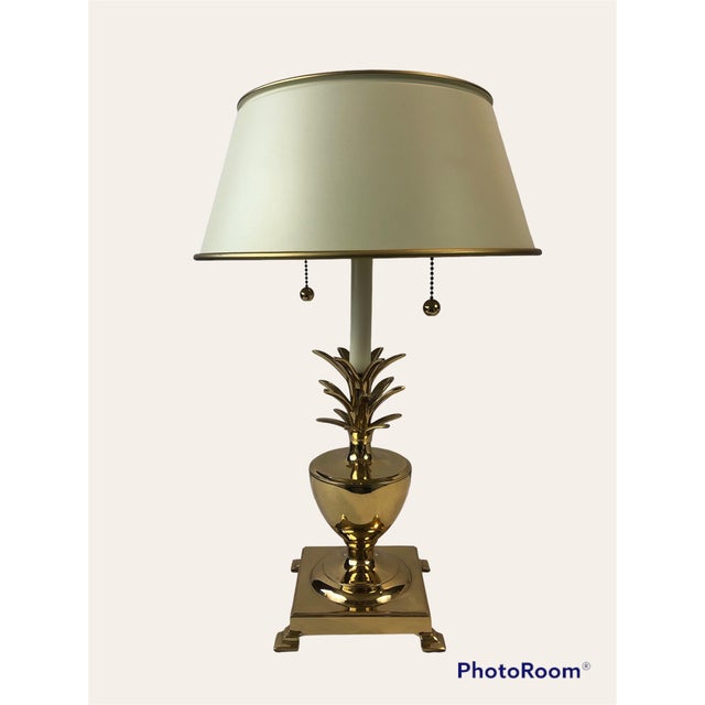 Vintage Polished Solid Brass Pineapple Lamp With White Metal Shade For Sale - Image 9 of 10