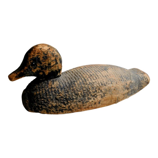 Early 20th Century Primitive Weathered Wood Duck Decoy With Glass Eyes For Sale