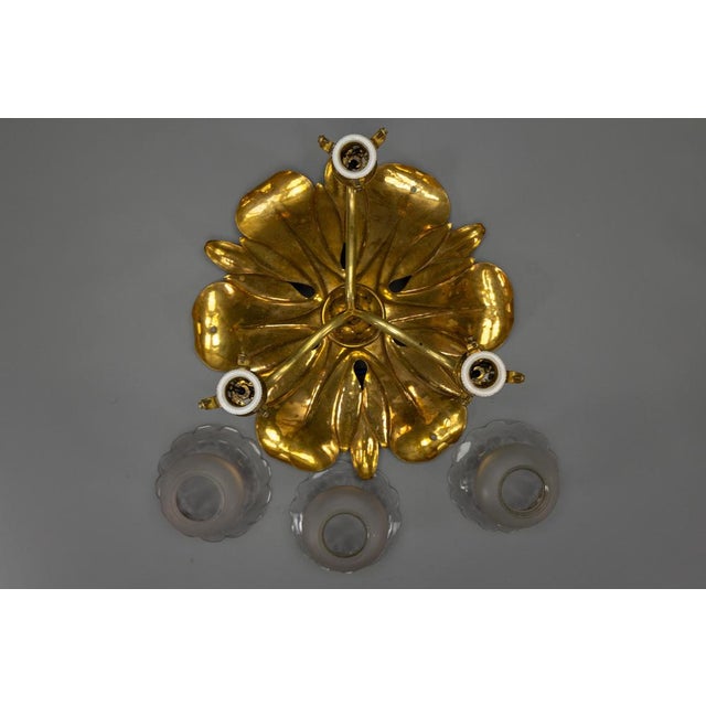 French Art Nouveau Brass and Glass Three-Light Flush Mount Ceiling Light, 1920 For Sale - Image 17 of 18
