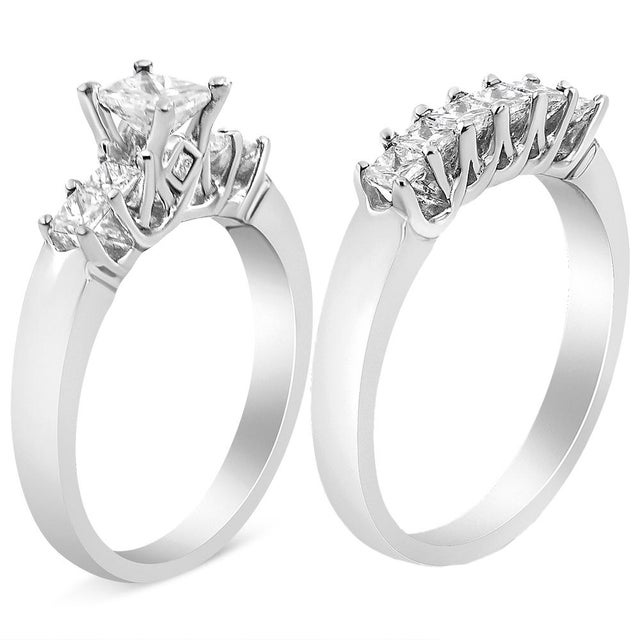 Contemporary 14K White Gold 1 1/2 Cttw 5 Stone Princess Diamond Engagement Wedding Ring Set (H-I Color, SI2-I1 Clarity) - Ring Size 7 For Sale - Image 3 of 7