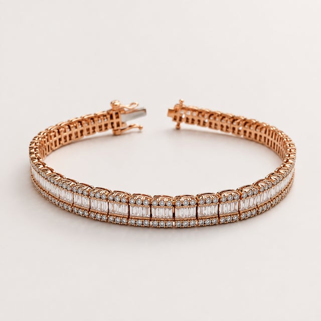 10k Rose Gold 4-7/8 CTTW Natural Round & Baguette Diamond Bracelet, 8 In For Sale - Image 4 of 7