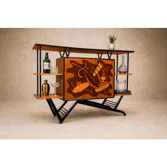 1960s Brazilian Modern Bar in Imbuia, Roxinho and Pau Marfim With Party Motif Marquetry, Brazil, 1950s For Sale - Image 5 of 18