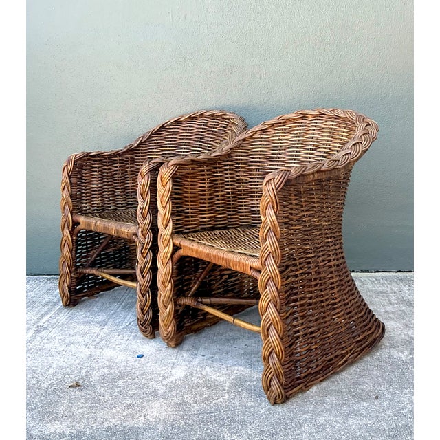 Wood Vintage Woven Rattan Lounge Chairs - Pair For Sale - Image 7 of 12
