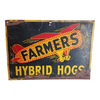 Authentic Vintage "Flying Farmer's Hogs" Enamel on Steel Sign For Sale