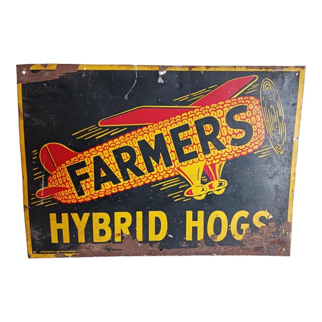 Authentic Vintage "Flying Farmer's Hogs" Enamel on Steel Sign For Sale