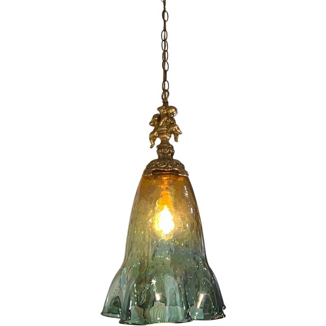 Large Art Glass Fazzoletto Green Amber Cherub Pendant Light For Sale - Image 16 of 18