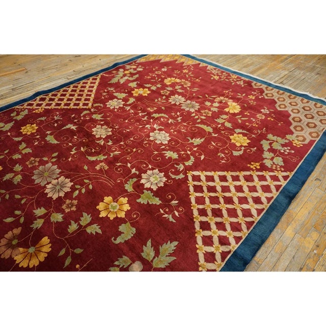 Textile 1920s Red Floral Modern Antique Chinese Art Deco Knotted Wool Room Size Rug For Sale - Image 7 of 8