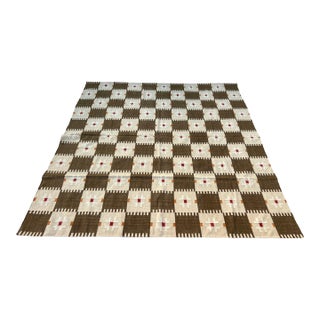 Handmade New Zealand Wool Dhurrie, Brown and Cream Geometric Rug- 8'x10' For Sale