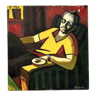 Vintage Boho Abstract Figural Oil Painting on Canvas For Sale