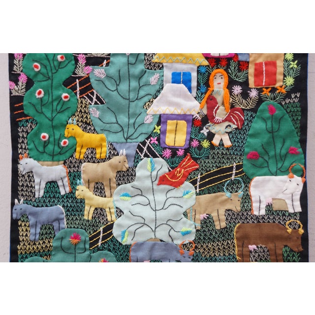 Colombian Arpillera Folk Art Village Farm Animal Scene Textile Tapestry 28" For Sale - Image 6 of 15