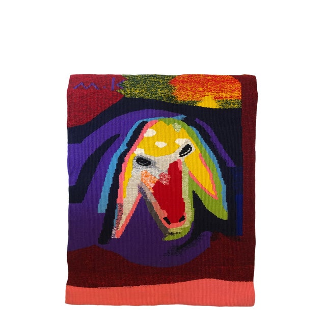 Menashe Kadishman, Israeli Hand Woven Colorful Wool Tapestry Weaving Menashe Kadishman Sheep Head For Sale - Image 10 of 14