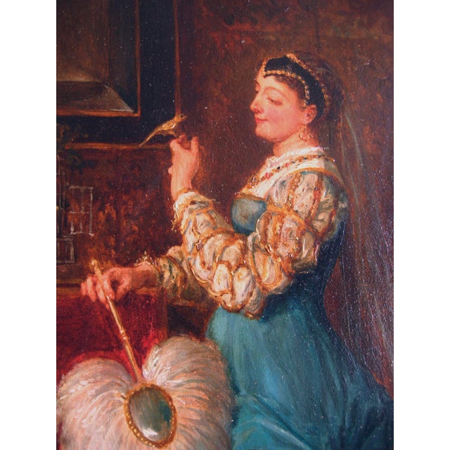 Mid 19th Century Portrait of a Lady Holding a Bird French Oil Painting Alfred Henri Darjou For Sale - Image 5 of 17