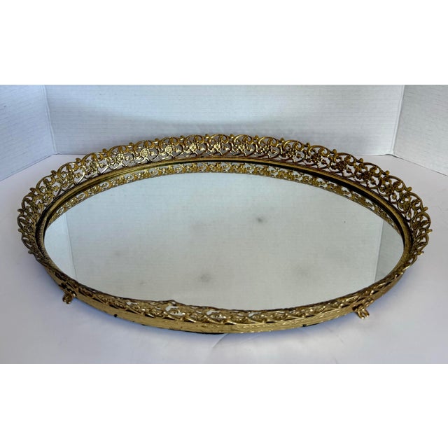 Vintage Hollywood Regency Gold Filigree Vanity Tray Mirror, Oval Ormolu Style Dresser Tray For Sale - Image 9 of 11