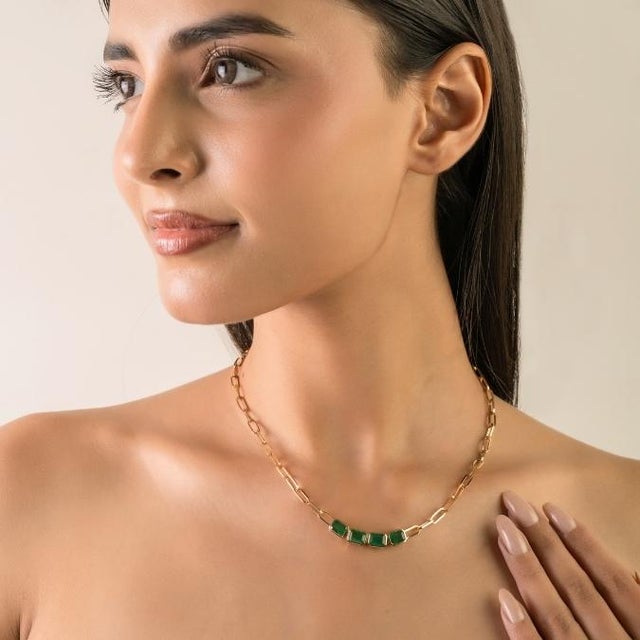 18k Gold 3.22 Carat Four Deep Emerald Paperclip Chain Necklace by VRJewels- 16 Inches For Sale - Image 4 of 14