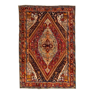 Vintage Handmade Shiraz Red Medallion Wool Rug 6'8" X 9'11" For Sale