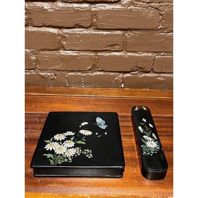 Japanese Antique Japanese Black Lacquer Box Set Daisy Butterfly Hand Painted Urushi For Sale - Image 3 of 13