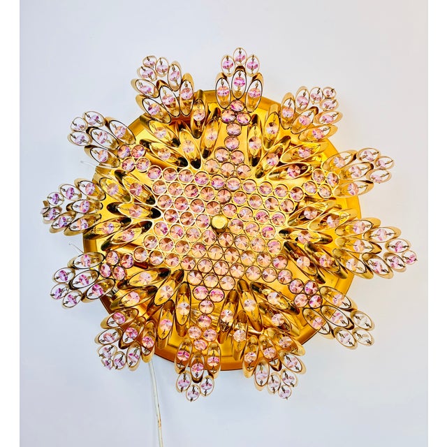 Vintage Brass Sunburst Ceiling Light, Hand-Painted Pink Crystal Beaded Mandala Chandelier, 10-Light Flush Mount For Sale - Image 13 of 18