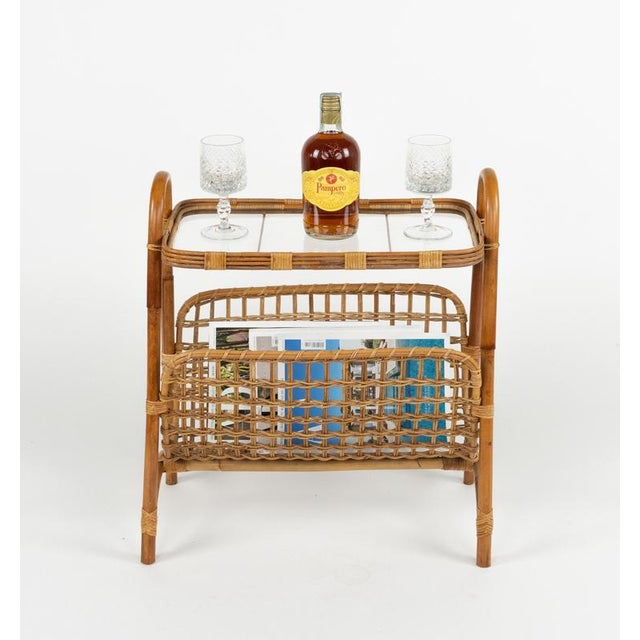 Mid-Century Bamboo, Rattan and Glass Side Table with Magazine Rack, Italy, 1960s For Sale - Image 14 of 18