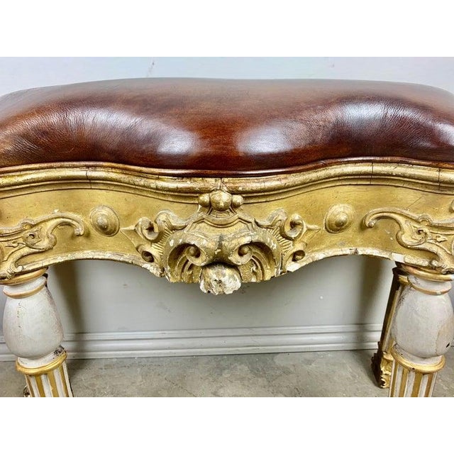 Neoclassical Italian Painted and Parcel Gilt Leather Bench For Sale - Image 3 of 14