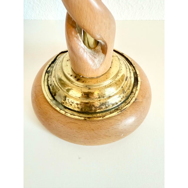 Vintage Barley Twist White Oak Wood/Brass Candle Holder Made in Spain 20” Tall For Sale - Image 4 of 10