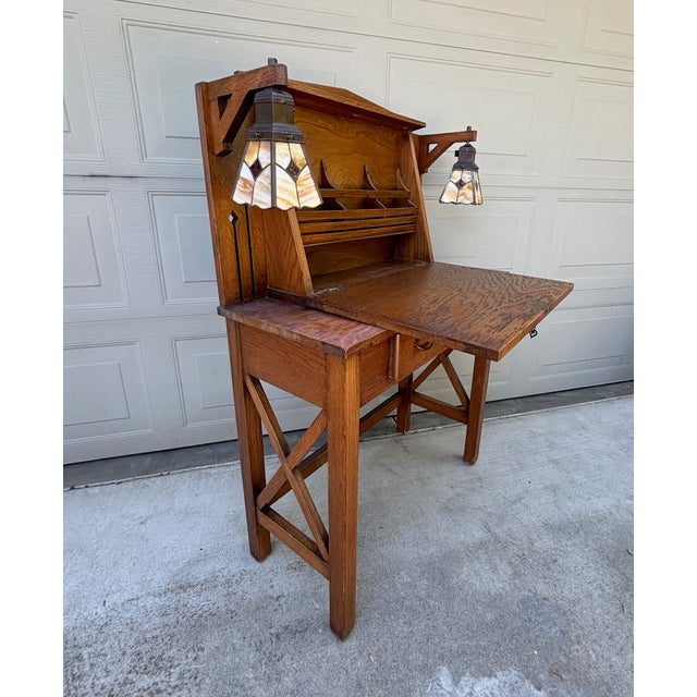 Mission Mission Oak Art & Crafts Drop Leaf Desk Secretary With Pair Stained Glass Lamps For Sale - Image 3 of 14