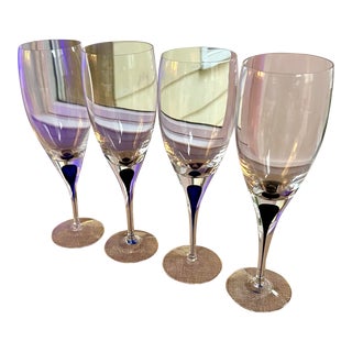 Orrefors Champagne Flutes With Cobalt Stem - S/4 For Sale