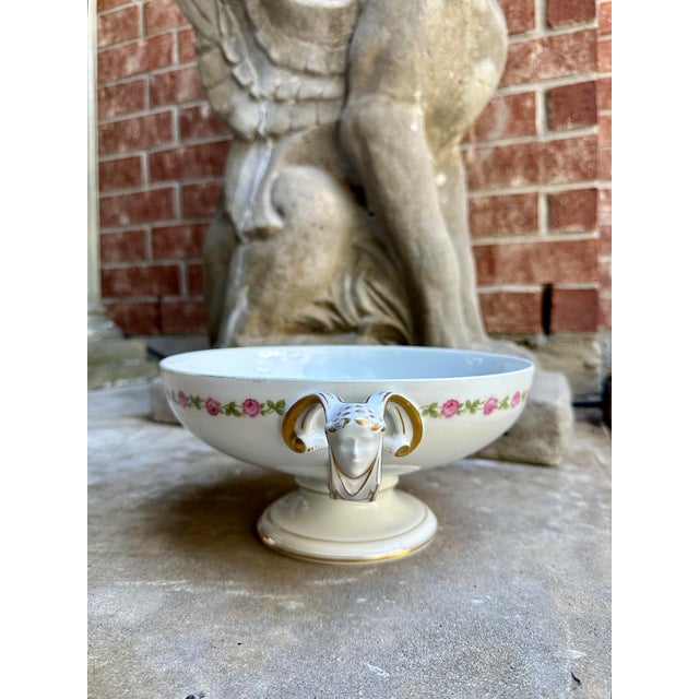 Traditional Antique Rosenthal Selb-Bavaria “Empire” Pedestal Bowl With Ram Mask Handles & Pink Rose Garland For Sale - Image 3 of 6