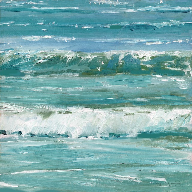 Modern Seascape "Summer Wave" Giclee Print on Canvas Framed in a White Floater Frame For Sale