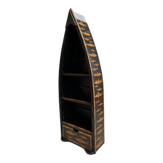 English Boat Form Etagere Black Lacquer Fish Decoupage Collection Bookshelf For Sale