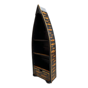 English Boat Form Etagere Black Lacquer Fish Decoupage Collection Bookshelf