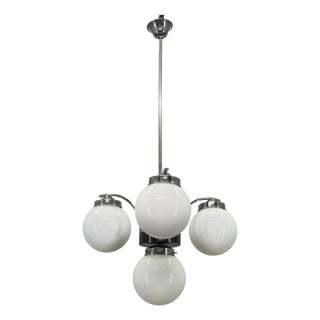 Czech Art Deco Chandelier with Four Opaline Glass Shades, 1930s For Sale