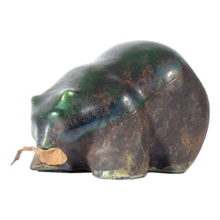 Raku Pottery Bear With Copper Fish by Tony Evans For Sale
