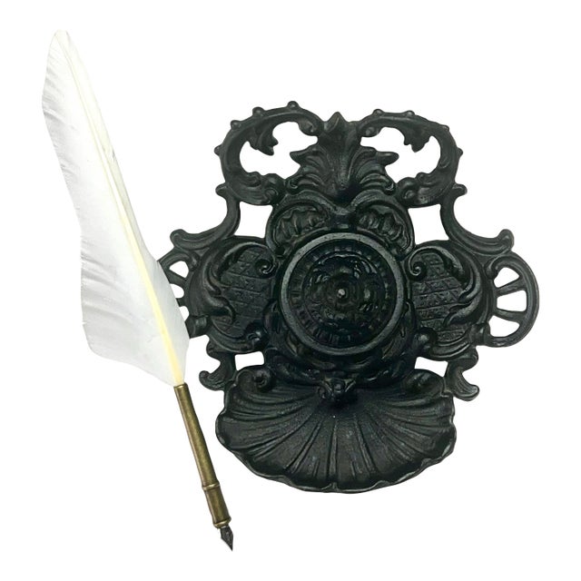 Vintage Ornate Cast Iron Inkwell For Sale