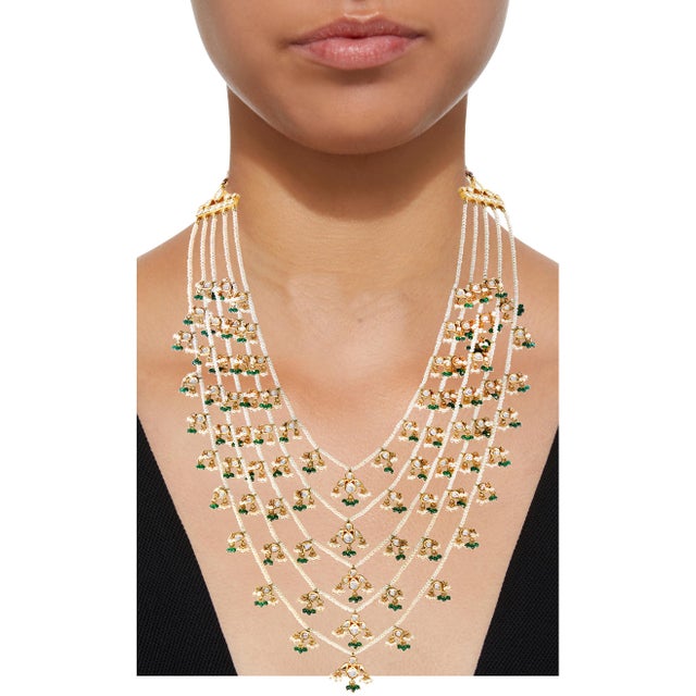 Traditional Kundan 5 Layer Polki Rose Cut Diamond 18 K Bridal Set and Chand Bali For Sale - Image 4 of 8