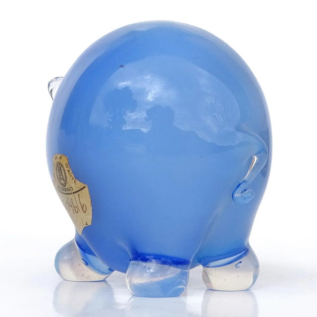 Glass Vintge Murano Seguso Vetri d'Arte Opal Sky Blue Italian Art Glass Pig Figurine Sculpture With Origial Label For Sale - Image 7 of 8