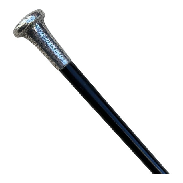 Antique Vintage Wooden English Walking Stick Dress Cane Sterling Silver 1923 For Sale