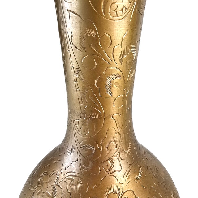 Mid-Century Indian Hand-Etched Brass Vase With Mughal Floral Engraving For Sale In San Francisco - Image 6 of 9