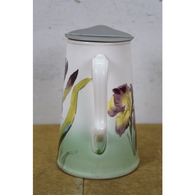 Antique Villeroy & Boch Porcelain Mettlach Metal Lidded Iris Flower Pitcher Jug 7" For Sale - Image 11 of 15