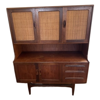 1960s G Plan Fresco Tall Teak and Rattan Highboard Credenza For Sale