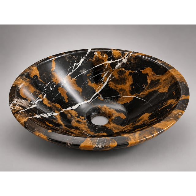 Black & Gold Marble Vessel Sink – Natural Stone Bathroom Basin - 16" X 16" X 6" - By Zarva Stone For Sale In New York - Image 6 of 11