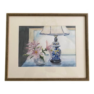 1980s Blue and White Ginger Jar Lamp Still Life Original Watercolor Painting, Framed For Sale