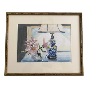 1980s Blue and White Ginger Jar Lamp Still Life Original Watercolor Painting, Framed